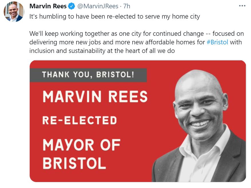 Marvin Rees re-elected Mayor Bristol tweet 9-5-2021 - enlarge